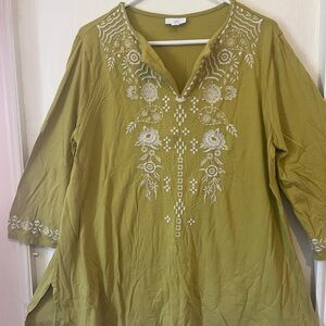 J. Jill Embroidered Boho Tunic Top – Women’s XL – Olive/Mustard – Made in India